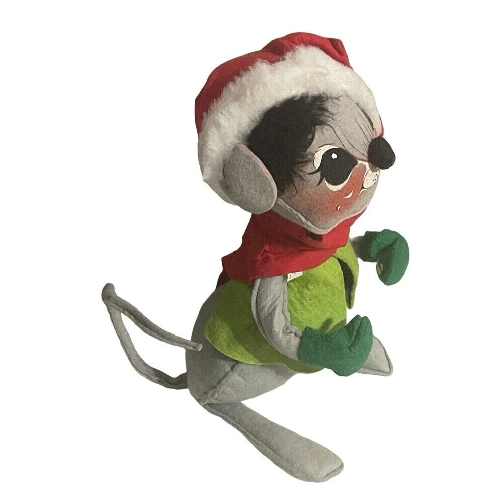 Vintage 1986 Annalee Christmas Gray Mouse Doll Stocking Cap Tag Mobilitee 13”